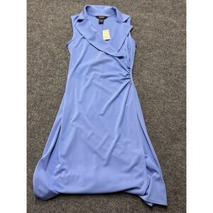 Express Wrap Dress Womens 3/4 Blue Sleeveless Ruched Midi Notched Lapel Career